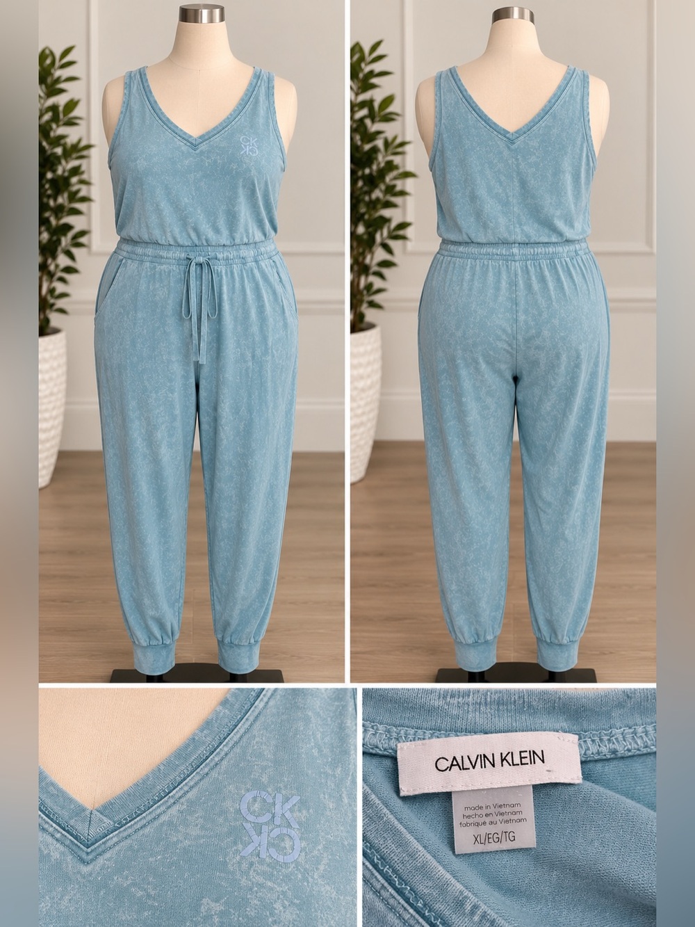 Calvin Klein Light Blue Sleeveless V-Neck Terry Jumpsuit